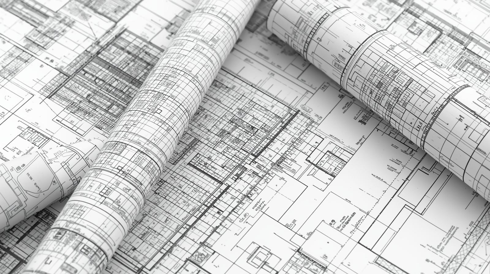 Architektonické plány – srolované stavební výkresy a půdorysy, projektová dokumentace budovy.