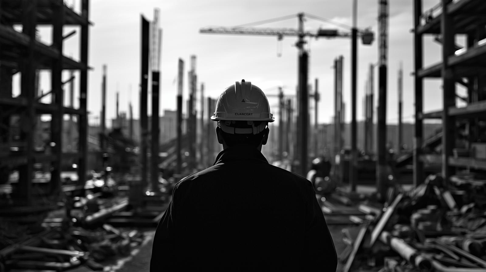 Koordinátor bezpečnosti / stavbyvedoucí v přilbě na staveništi, dohled nad výstavbou a BOZP.